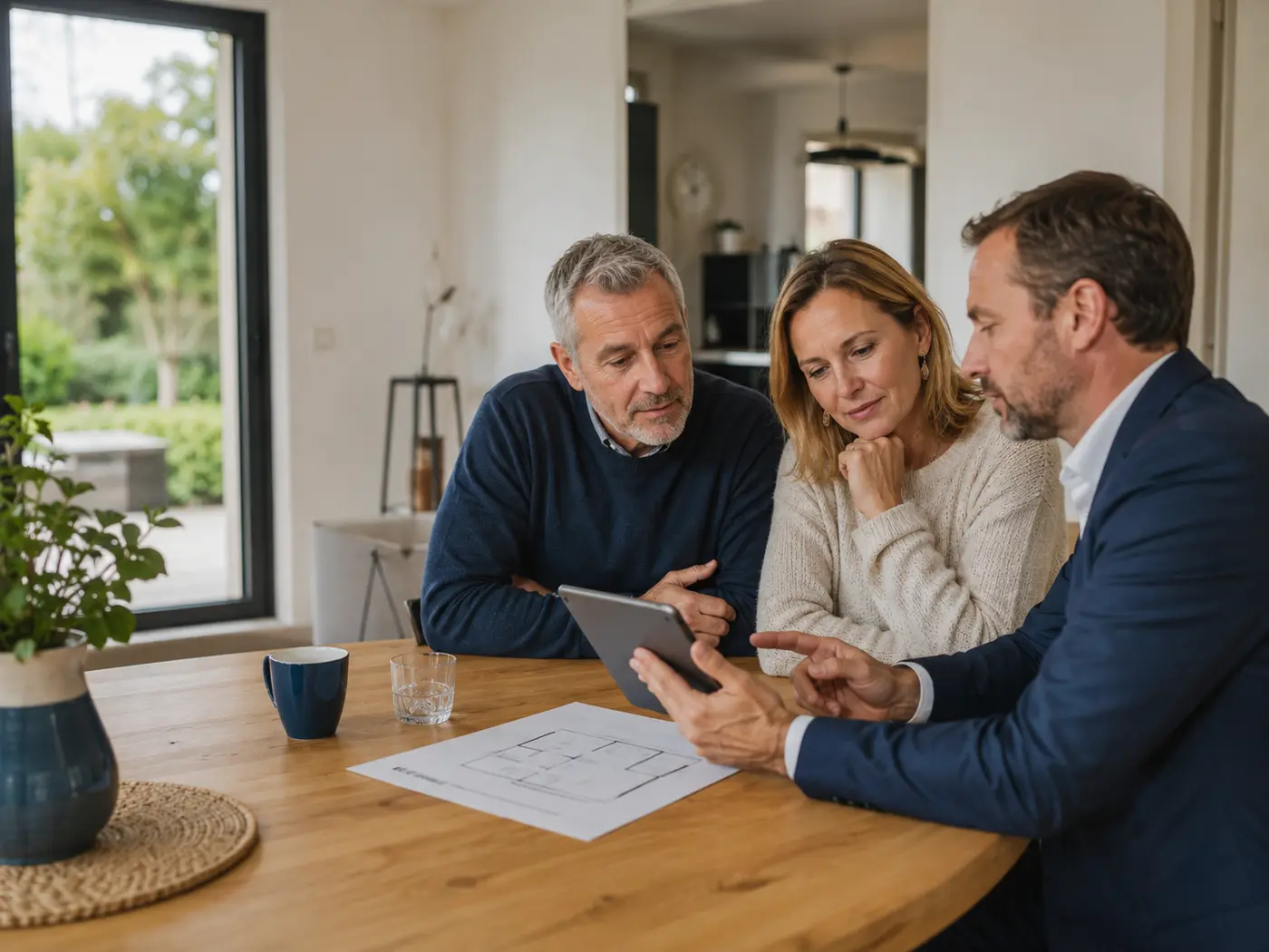 Un professionnel de l’immobilier échange avec des propriétaires pour affiner l’estimation de leur bien
